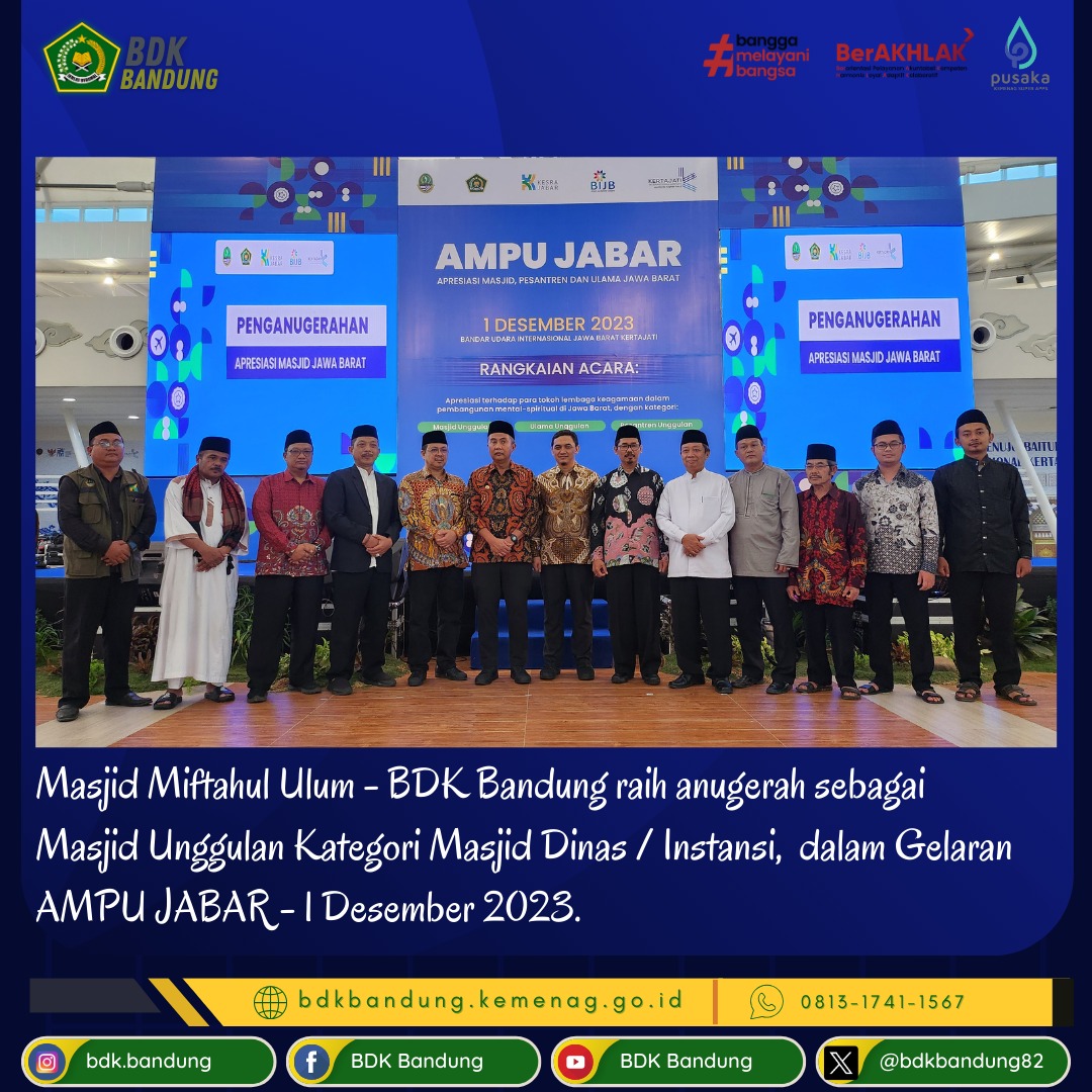 Masjid Miftahul 'Ulum BDK Bandung mendapat Anugerah Masjid Juara Tingkat Prov. Jabar Tahun 2023 dari PJ Gubernur Jabar